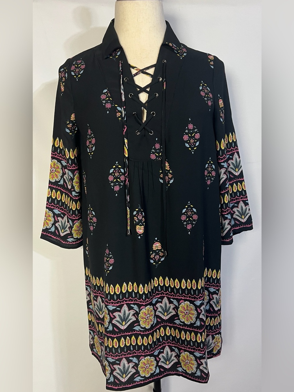 Entro Black Lace-Up Boho Floral  Dress Sz M